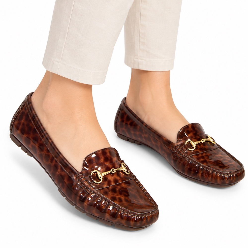 Cole Haan Trillby Bit Loafers Women 8 Brown New Tortoise Patent Driving Mocs NIB
